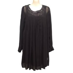 Theory Silk Long Sleeve Babydoll Dress, Sequin Neck, Sheer Sleeves, Blk, Sz‎ 10